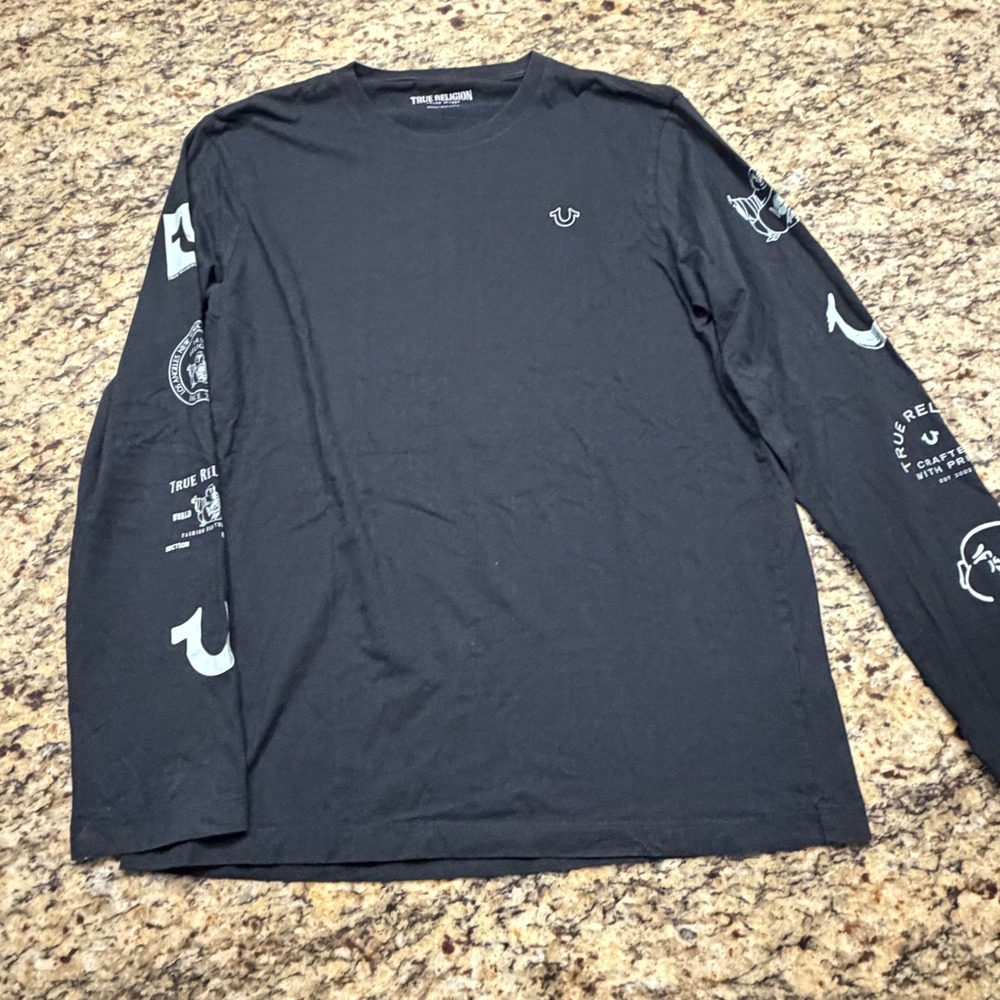 True Religion Mens Black Long Sleeve Multi Logo Graphic T-Shirt Medium